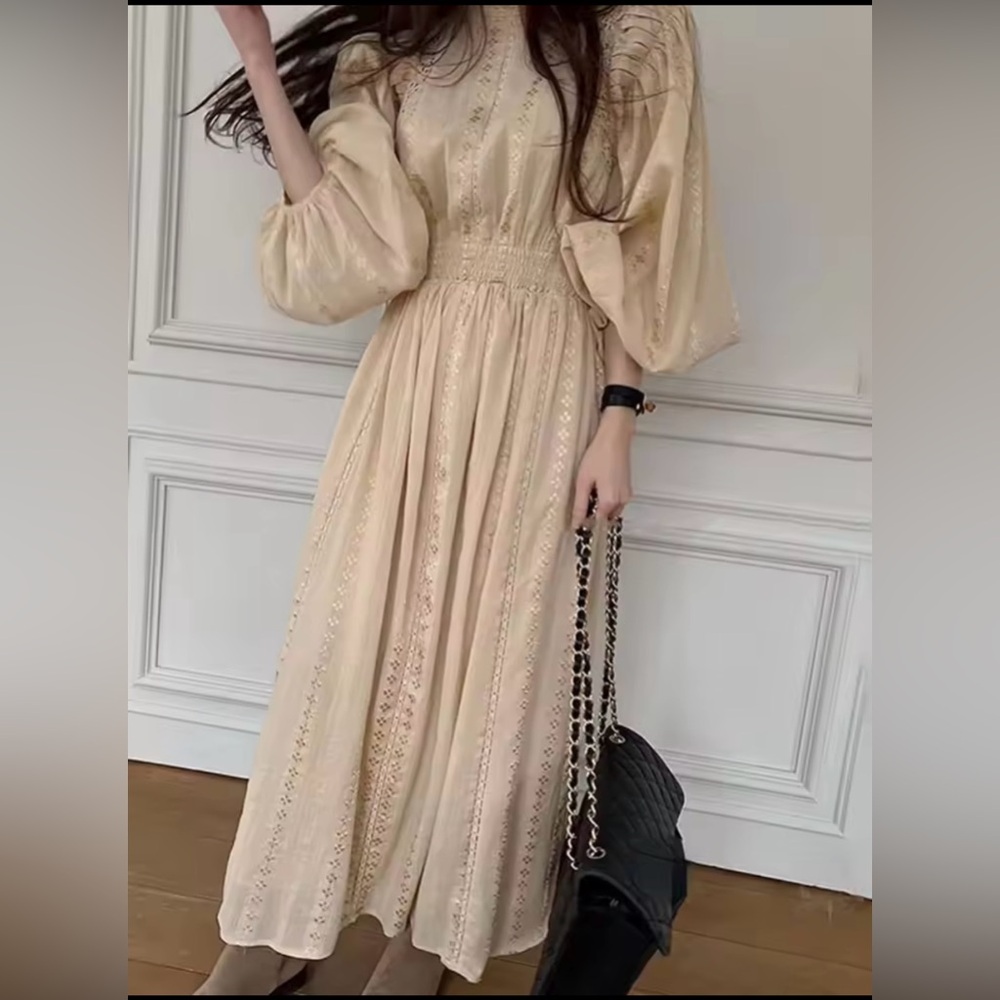 Cream Pleated Smocked Gown with Bishop Sleeves